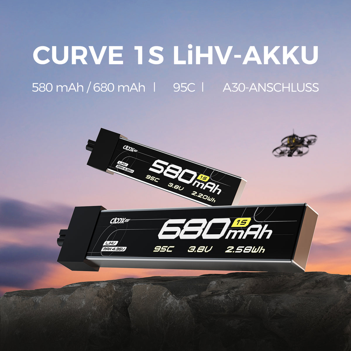 CADDXFPV CURVE 580mAh & 680mAh 1S 3,8V 95C FPV Lipo Akku mit A30-Anschluss