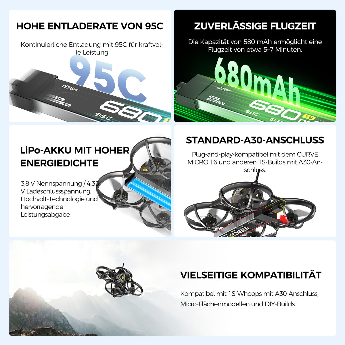 CADDXFPV CURVE 580mAh & 680mAh 1S 3,8V 95C FPV Lipo Akku mit A30-Anschluss
