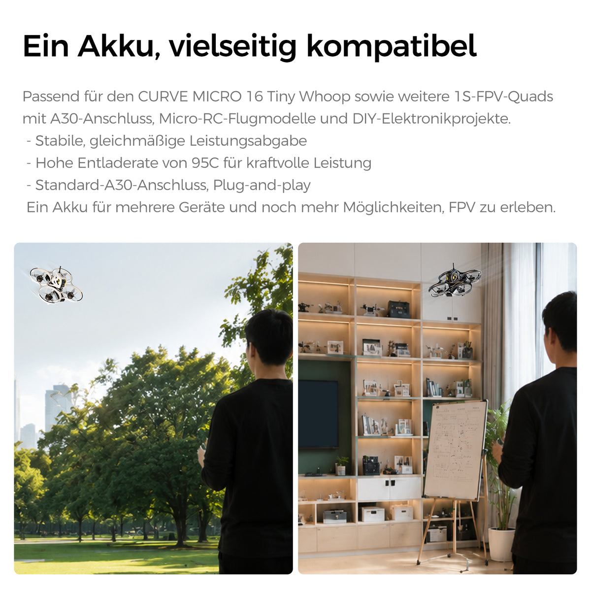 CADDXFPV CURVE 580mAh & 680mAh 1S 3,8V 95C FPV Lipo Akku mit A30-Anschluss